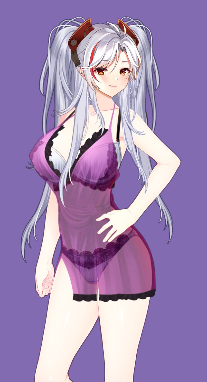 1girl absurdres azur_lane bare_shoulders bra breasts halterneck highres lace-trimmed_panties lace_trim large_breasts long_hair looking_at_viewer multicolored_hair nightgown orange_eyes panties prinz_eugen_(azur_lane) purple_background redhead schwarz_indo see-through silver_hair simple_background solo streaked_hair twintails two-tone_hair underwear white_bra