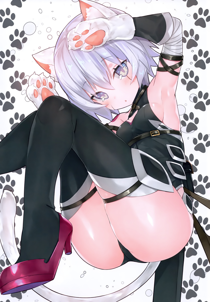 1girl :o absurdres animal_ear_fluff animal_ears armpits arms_up ass bandaged_arm bandages bangs black_footwear black_legwear black_panties black_shirt blush boots breasts cat_ears cat_girl cat_tail eyebrows_visible_through_hair fate/apocrypha fate/grand_order fate_(series) feet_out_of_frame gloves grey_background grey_eyes hair_between_eyes highres jack_the_ripper_(fate/apocrypha) kemonomimi_mode knees_together_feet_apart panties parted_lips paw_background paw_gloves paws scar scar_across_eye scar_on_cheek scar_on_face shirt sideboob silver_hair sleeveless sleeveless_shirt small_breasts solo suzuho_hotaru tail thigh-highs thigh_boots twitter_username underwear white_gloves