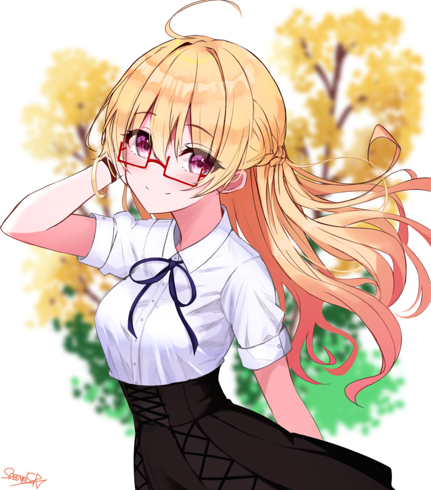 1girl ahoge artist_name bespectacled black_skirt blonde_hair blush braid buttons closed_mouth collarbone eyebrows_visible_through_hair french_braid glasses hair_between_eyes highres kantai_collection long_hair red-framed_eyewear sazamiso_rx shirt short_sleeves signature skirt smile solo tree upper_body violet_eyes white_shirt zara_(kancolle)