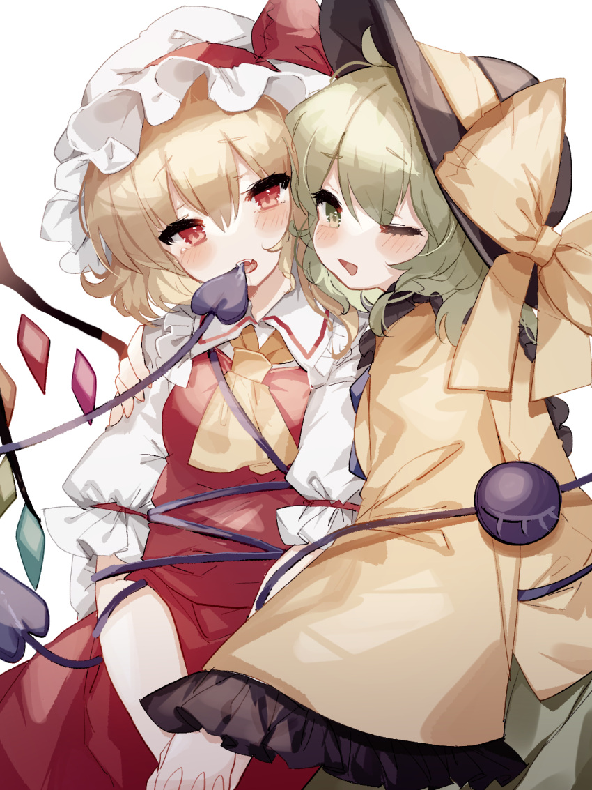2girls ascot blonde_hair bow collared_shirt commentary_request cowboy_shot crystal eyeball eyebrows_visible_through_hair fangs flandre_scarlet frilled_shirt frilled_shirt_collar frilled_sleeves frills green_eyes green_hair hair_between_eyes hat hat_ribbon highres holding_hands komeiji_koishi long_sleeves looking_at_viewer mob_cap multiple_girls one_eye_closed open_mouth puffy_short_sleeves puffy_sleeves red_bow red_eyes red_ribbon red_skirt red_vest restrained ribbon saliva shirt short_hair short_sleeves simple_background skirt sorani_(kaeru0768) third_eye touhou vest wavy_hair white_background white_shirt wide_sleeves wings yellow_neckwear yellow_ribbon yellow_shirt yuri