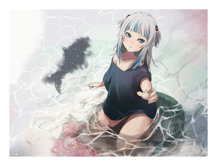 1girl absurdres barefoot black_shirt blue_hair gawr_gura green_eyes grey_hair hair_ornament hairpin highres hololive hololive_english in_water kneeling looking_at_viewer multicolored_hair oversized_clothes peropicnic shadow shirt short_sleeves short_twintails solo streaked_hair twintails virtual_youtuber water