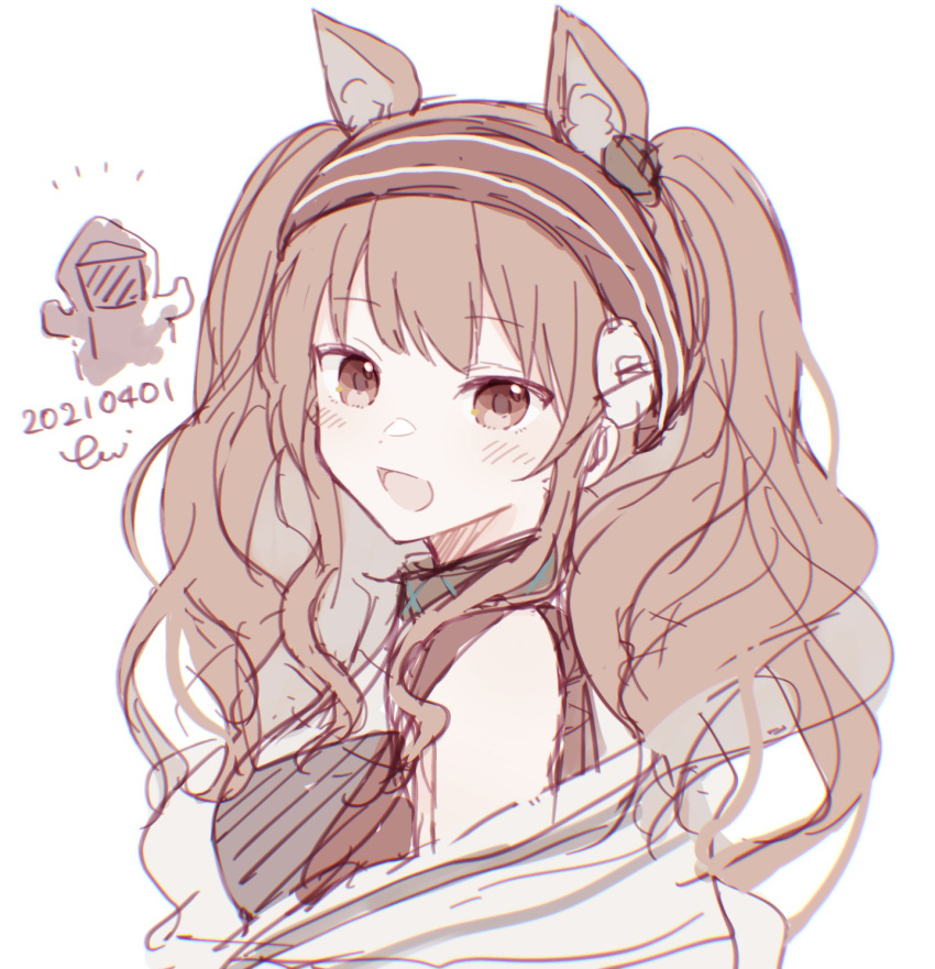 1girl 1other :d angelina_(arknights) animal_ear_fluff animal_ears arknights bangs bare_shoulders blush brown_eyes brown_hair brown_hairband dated doctor_(arknights) eyebrows_visible_through_hair hairband highres jacket long_hair looking_at_viewer looking_to_the_side nstlgie off_shoulder open_clothes open_jacket open_mouth signature simple_background smile solo_focus striped striped_hairband twintails upper_body white_background white_jacket