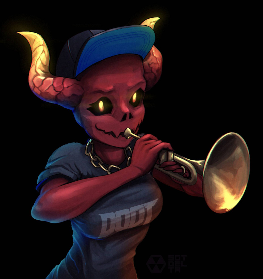 1girl baseball_cap black_background black_sclera blonde_hair brand_name_imitation breasts chain character_request clothes_writing colored_sclera colored_skin demon_girl doom_(2016) doom_(series) english_commentary gold_chain grey_shirt hat highres horns instrument medium_breasts meme music no_nose playing_instrument red_skin sgtdelta sharp_teeth shirt skin-covered_horns solo t-shirt teeth trumpet