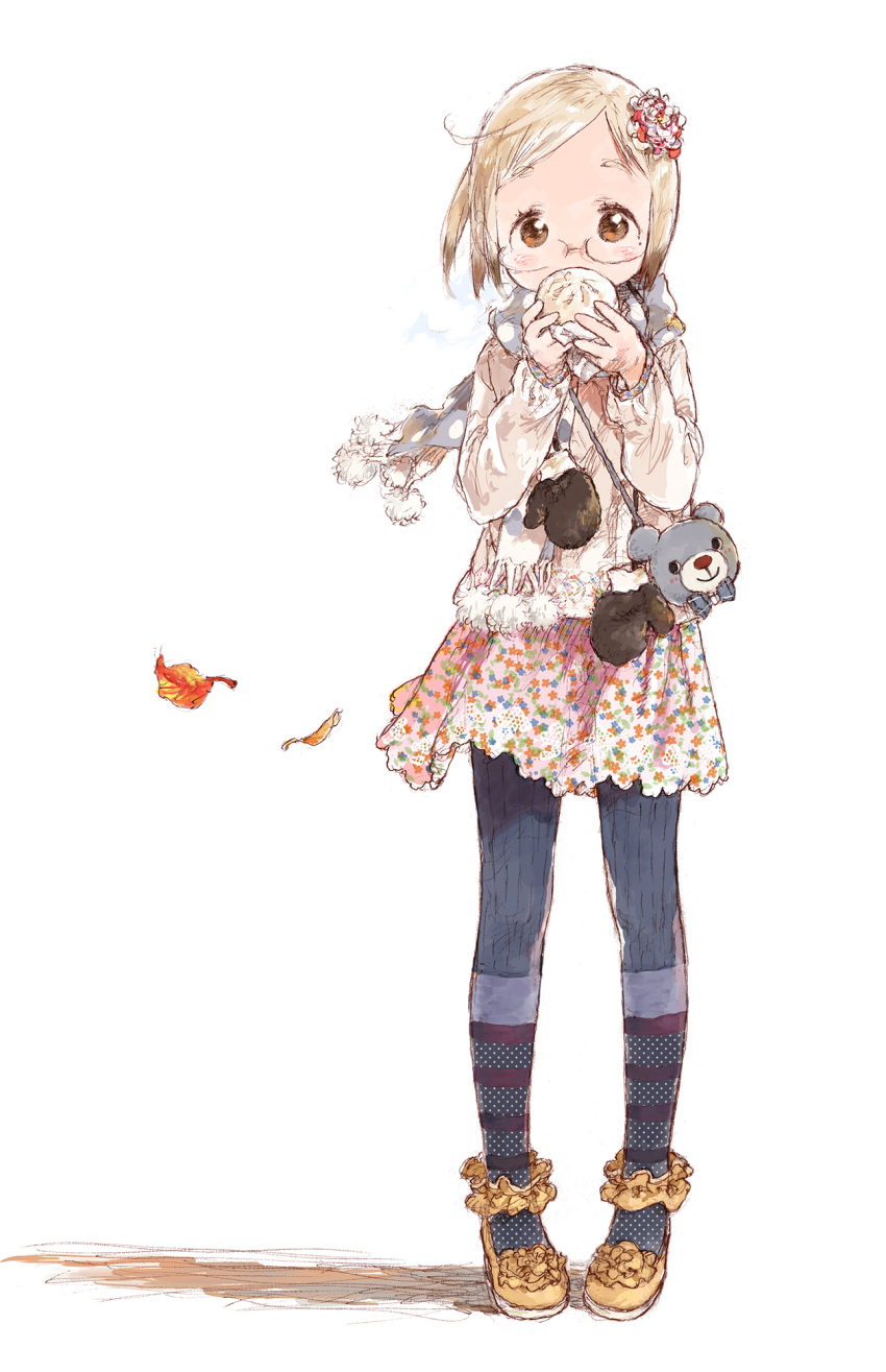 1girl animal_bag autumn autumn_leaves bag bangs baozi barasui bear_bag beige_jacket black_legwear blonde_hair blue_scarf blush_stickers bow brown_eyes brown_hair brown_mittens covering_mouth dress eyebrows floral_print flower food frills full_body glasses hair_flower hair_ornament hands_up highres holding holding_food horizontal_stripes ichigo_mashimaro jacket leaf long_sleeves looking_at_viewer mary_janes mittens mittens_removed multicolored_hair negative_space no_nose official_art pantyhose parted_bangs pigeon-toed pink_dress plaid plaid_bow polka_dot polka_dot_legwear polka_dot_scarf pom_pom_(clothes) print_dress ribbed_legwear sakuragi_matsuri scarf semi-rimless_eyewear shadow shiny shiny_hair shiny_skin shoes short_dress short_hair shoulder_bag simple_background solo standing steam striped striped_legwear tareme two-tone_hair under-rim_eyewear white_background wind yellow_footwear