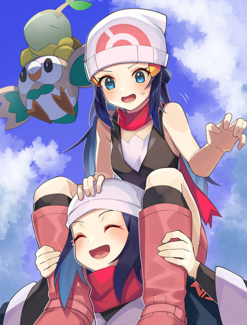 2girls bare_arms beanie black_hair blue_eyes blush boots carrying closed_eyes clouds hikari_(pokemon) eyelashes female_protagonist_(pokemon_legends:_arceus) from_below gen_4_pokemon gen_7_pokemon hair_ornament hairclip hat head_scarf highres katwo kneehighs long_hair multiple_girls open_mouth pokemon pokemon_(game) pokemon_dppt pokemon_legends:_arceus rowlet scarf shoulder_carry sidelocks sky sleeveless smile starter_pokemon sweatdrop tongue turtwig white_headwear |d