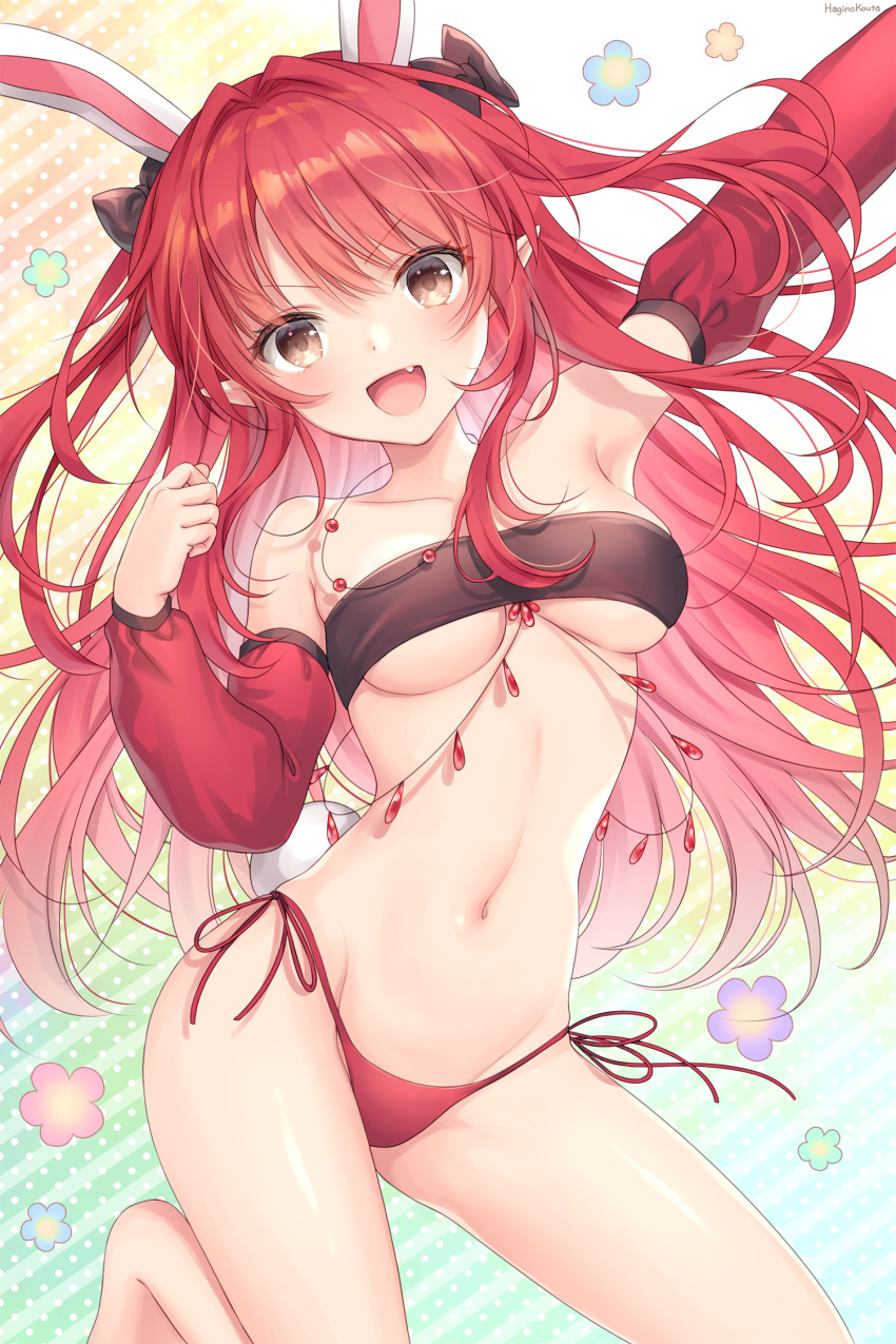 1girl :d animal_ears arm_up armpits bandeau bare_shoulders bow breasts brown_eyes collarbone detached_sleeves fang groin hagino_kouta hair_bow hair_intakes hand_up highleg highleg_panties highres long_hair long_sleeves looking_at_viewer medium_breasts navel open_mouth original outstretched_arm panties pointy_ears rabbit_ears red_panties redhead side-tie_panties sidelocks smile solo stomach strapless string_panties thighs tubetop twintails two_side_up underwear v-shaped_eyebrows