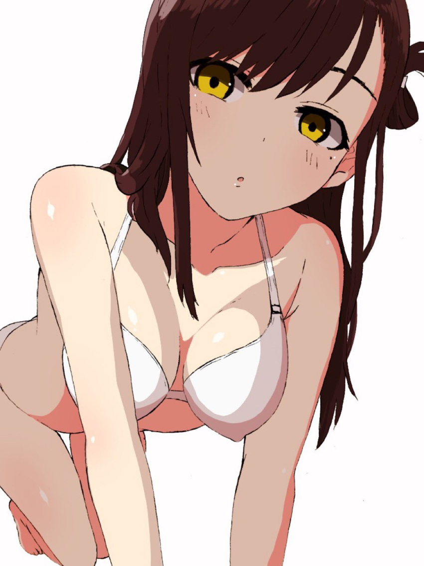 1girl bikini blush breasts brown_hair collarbone gakkou_gurashi! hair_ornament hairclip highres long_hair looking_at_viewer medium_breasts mole mole_under_eye nishikino_kee parted_lips simple_background solo swimsuit swimwear wakasa_yuuri white_background white_bikini yellow_eyes