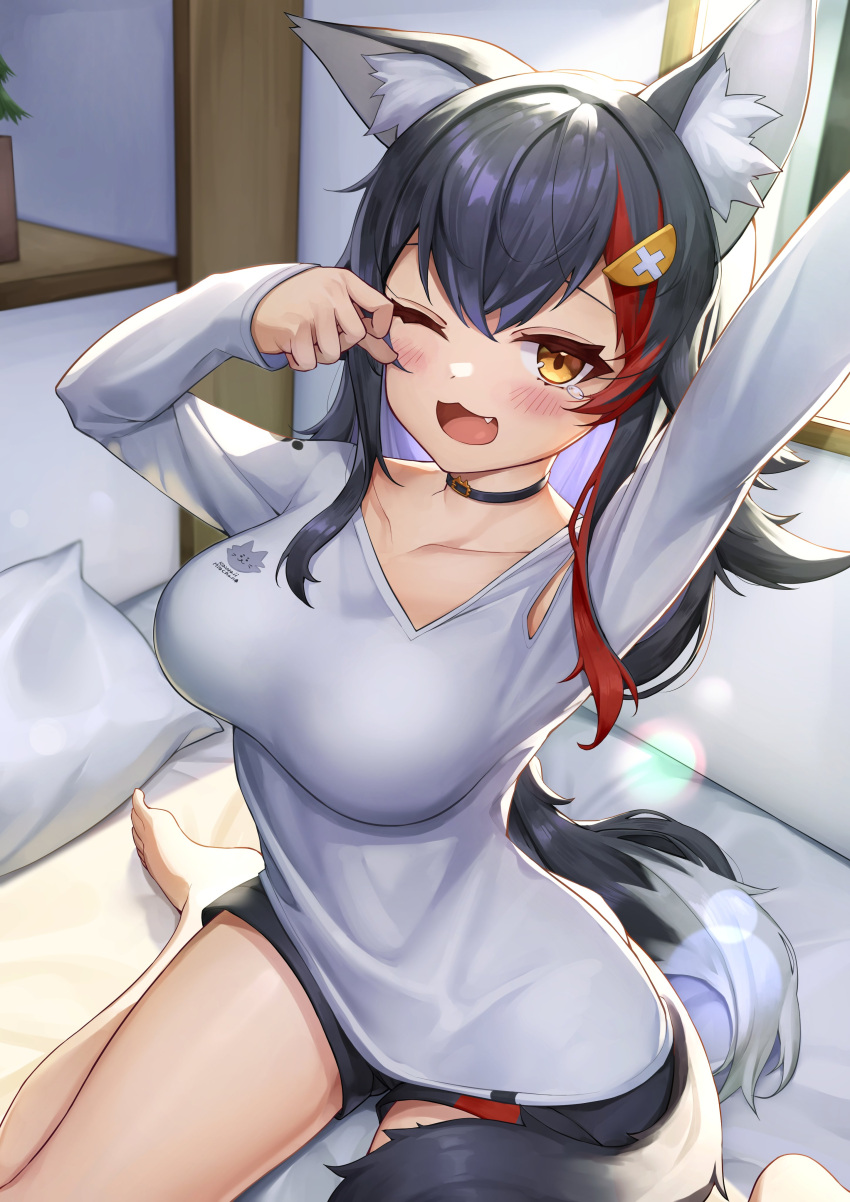 1girl absurdres animal_ear_fluff animal_ears arm_up barefoot black_choker black_shorts blush breasts choker collarbone commentary_request deaver fang hair_ornament highres hololive long_hair looking_at_viewer medium_breasts multicolored_hair one_eye_closed ookami_mio open_mouth pillow redhead shirt short_shorts shorts sitting solo streaked_hair tail tears thighs virtual_youtuber white_shirt wolf_ears wolf_girl wolf_tail yawning yellow_eyes