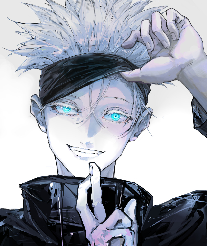 1boy absurdres black_jacket blindfold blindfold_lift blue_eyes crossed_fingers face gojou_satoru grin hair_between_eyes high_collar highres jacket jujutsu_kaisen kf8fw long_sleeves looking_at_viewer male_focus muted_color pale_skin portrait smile solo spiky_hair white_background white_eyelashes white_hair