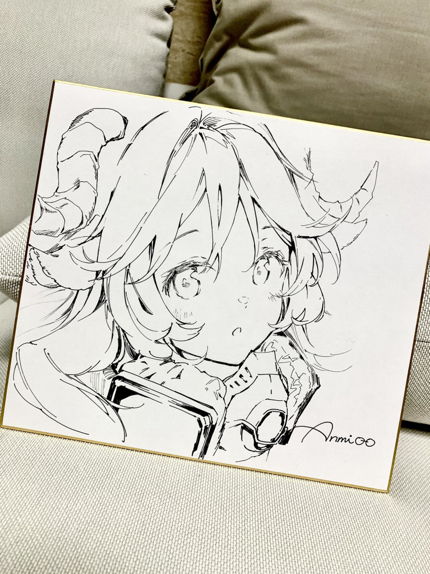 1girl :o animal_ears anmi arknights artist_name blush ear_protection eyjafjalla_(arknights) goat_ears goat_horns highres horns looking_at_viewer open_mouth photo_(medium) portrait solo traditional_media