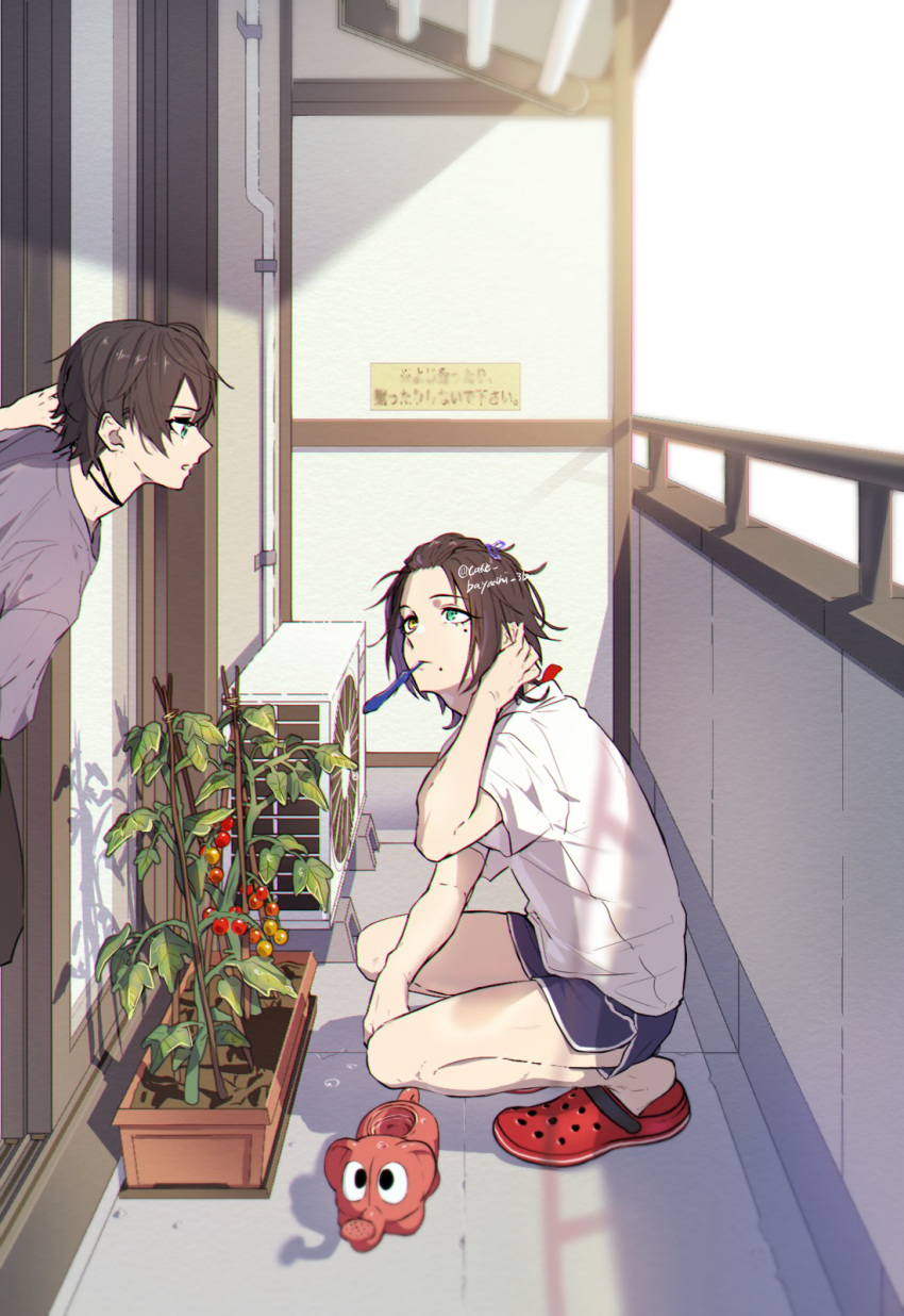 2boys black_hair brothers choker crocs garden gardening heterochromia highres hypnosis_mic looking_at_another male_focus mole mole_under_mouth mouth_hold multiple_boys outdoors plant red_footwear shirt shorts siblings squatting t-shirt take_bayashi_3d tomato watering_can yamada_jirou yamada_saburou