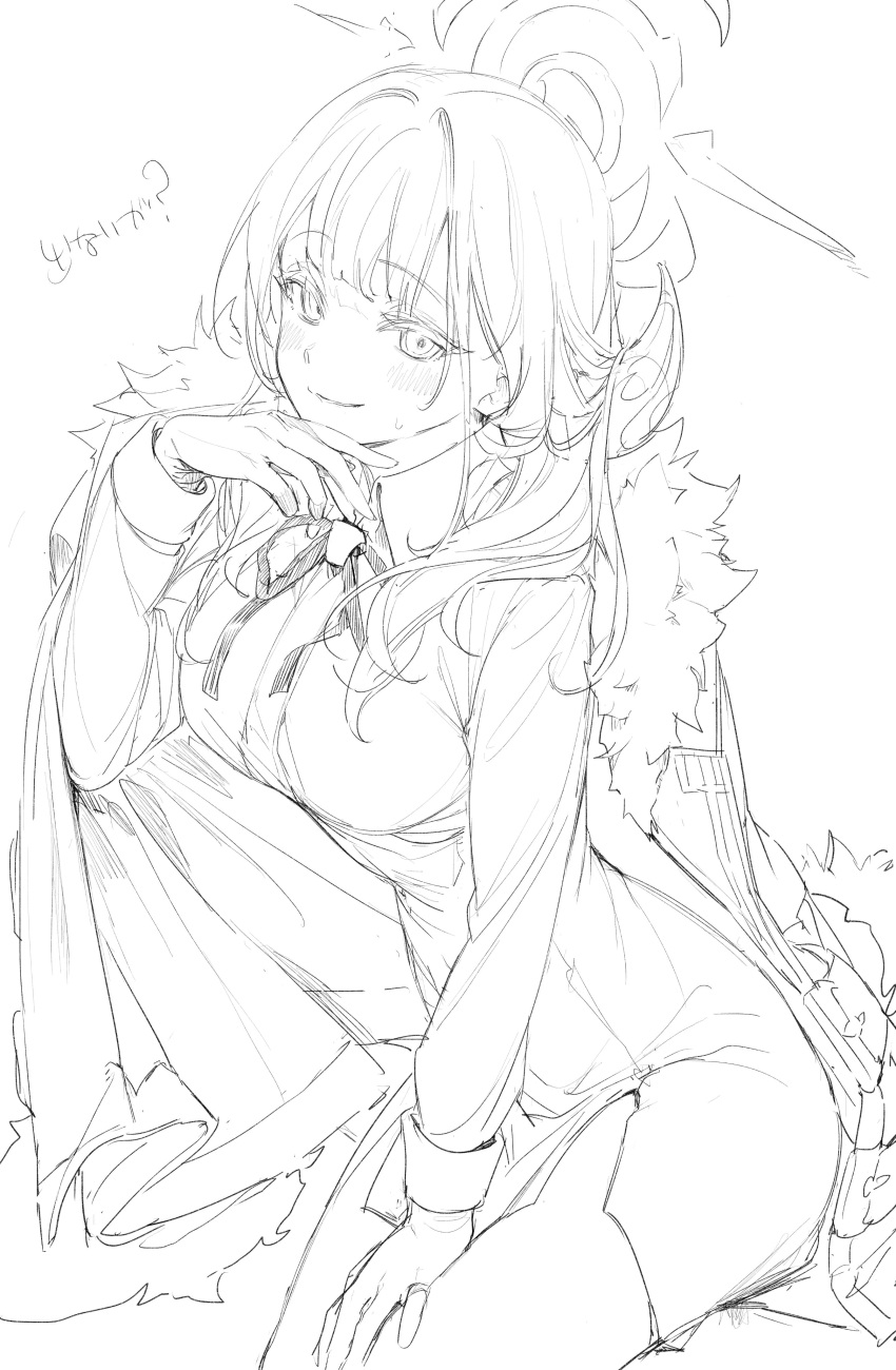 1girl absurdres aru_(blue_archive) blue_archive blush breasts coat coat_on_shoulders collared_shirt cowboy_shot eyebrows_visible_through_hair fur-trimmed_coat fur_trim gloves greyscale halo hand_on_lap high-waist_skirt highres lineart long_hair looking_at_viewer medium_breasts miniskirt monochrome neck_ribbon ojou-sama_pose ribbon shirt side_slit simple_background sitting skirt solo sweatdrop umibouzu_(niito) white_background wing_collar
