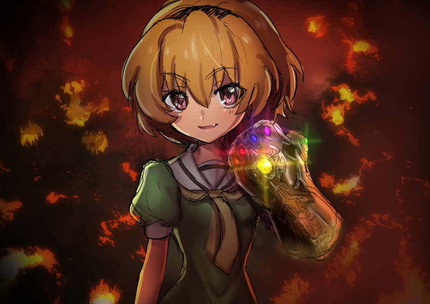 1girl :d bangs black_hairband blonde_hair crossover dress eyebrows_visible_through_hair eyes_visible_through_hair fang fire furoshikifu_sen gem gloves glowing green_dress hair_between_eyes hairband highres higurashi_no_naku_koro_ni houjou_satoko infinity_gauntlet infinity_gems looking_at_viewer marvel neckerchief open_mouth puffy_sleeves sailor_collar sailor_dress shiny shiny_hair short_hair sketch smile smoke solo violet_eyes white_sailor_collar