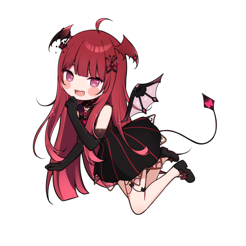 1girl :d amashiro_natsuki bangs bare_shoulders black_dress black_footwear black_gloves blush_stickers commentary copyright_request demon_girl demon_tail demon_wings dress elbow_gloves english_commentary eyebrows_behind_hair fangs full_body gloves hand_up head_wings highres looking_at_viewer open_mouth red_wings redhead shoes simple_background sleeveless sleeveless_dress smile solo striped tail vertical-striped_dress vertical_stripes violet_eyes white_background wings