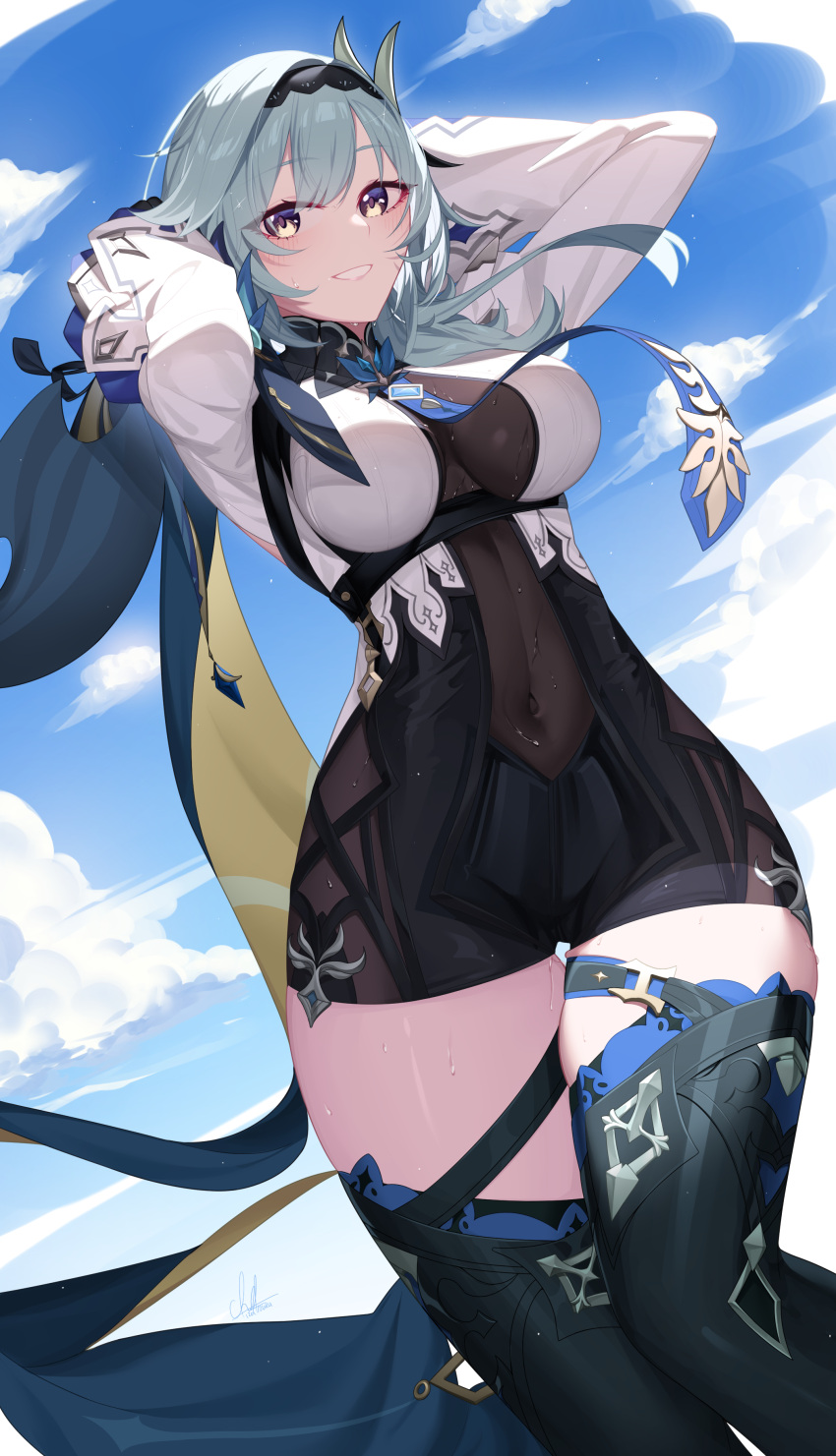 1girl :d absurdres arms_up bangs between_breasts black_hairband black_legwear blue_hair blue_neckwear blue_sky blush breasts brown_eyes covered_navel day eula_(genshin_impact) eyebrows_visible_through_hair feet_out_of_frame genshin_impact grin hairband highres impossible_clothes izulizuru large_breasts long_hair long_sleeves looking_at_viewer necktie necktie_between_breasts open_mouth outdoors signature sky smile solo sweat teeth thigh-highs thigh_gap underbust water_drop