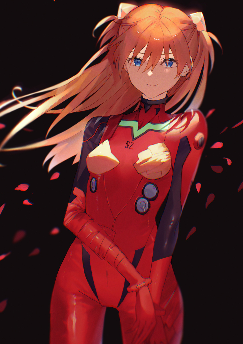 1girl absurdres bangs black_background blue_eyes bodysuit breasts closed_mouth cowboy_shot floating_hair gloves hair_between_eyes hair_ornament highres huge_filesize long_hair looking_at_viewer neon_genesis_evangelion number onene_(ban) orange_hair petals plugsuit red_bodysuit red_gloves shikinami_asuka_langley simple_background skin_tight small_breasts smile solo souryuu_asuka_langley