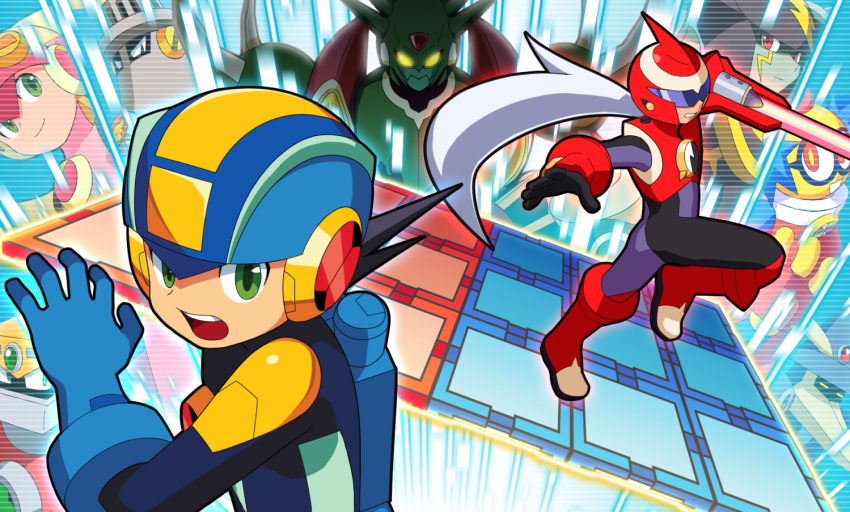 1girl 6+boys arm_blade armor blue_bodysuit blue_hair blue_headwear bodysuit boots closed_mouth colored_skin colorman.exe commentary_request elecman.exe facial_mark fireman.exe glowing glowing_eyes green_eyes grey_skin gutsman.exe helmet leg_up life_virus_(mega_man) lightning_bolt long_hair looking_at_viewer looking_to_the_side magicman.exe mega_man_(series) mega_man_battle_network megaman.exe multiple_boys netnavi official_style open_mouth pink_headwear ponytail protoman.exe purple_bodysuit red_eyes red_footwear red_headwear roll.exe_(mega_man) sakino_(sanodon) shoulder_spikes spikes tiles upper_teeth visor weapon white_hair yellow_skin