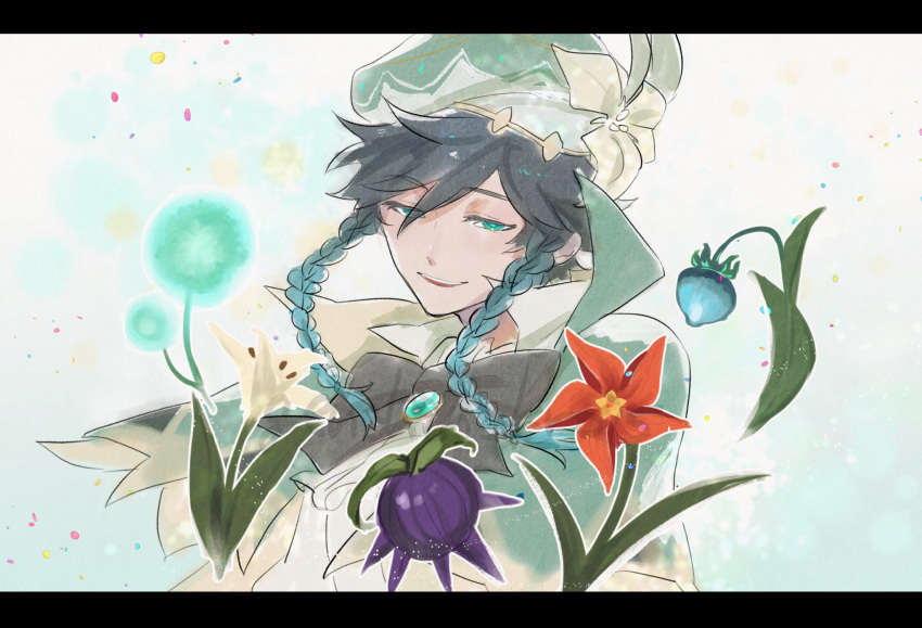 1boy androgynous bangs beret berry black_hair blue_hair bow braid brooch cape collared_cape collared_shirt dandelion eyebrows_visible_through_hair flower gem genshin_impact genshin_krois gradient_hair green_eyes green_headwear hat hat_flower highres jewelry leaf looking_at_viewer male_focus multicolored_hair open_mouth pinwheel red_flower shirt short_hair_with_long_locks simple_background smile solo twin_braids venti_(genshin_impact) white_flower
