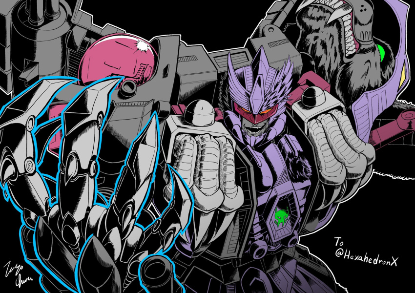 beast_wars black_background commission highres looking_at_viewer mecha no_humans oohara_tetsuya open_hand orange_eyes predacon razorclaw_(transformers) science_fiction signature solo transformers upper_body visor