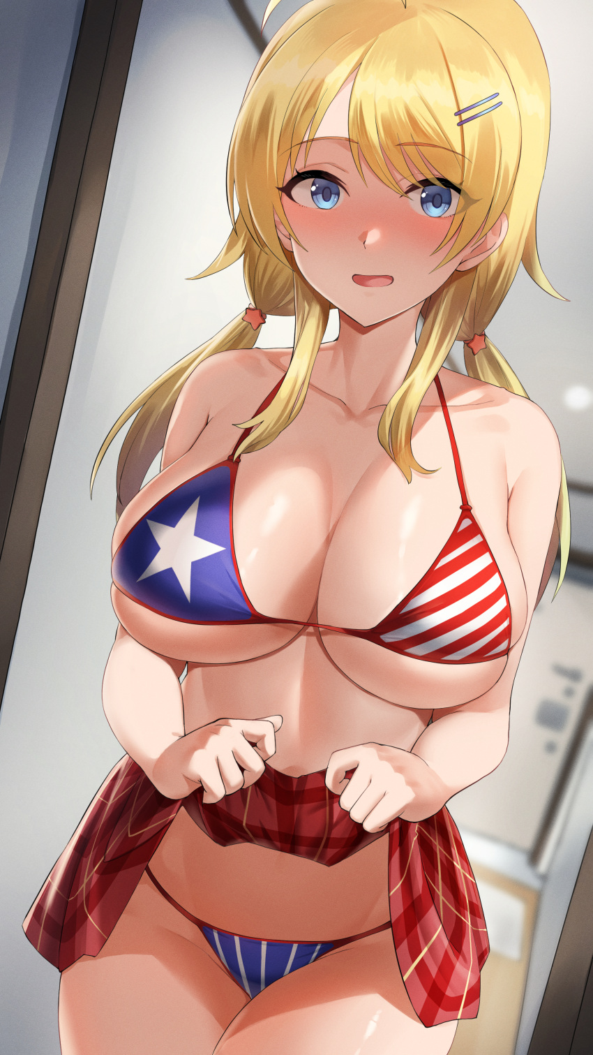 1girl absurdres ahoge american_flag_bikini bikini blonde_hair blue_eyes blush breasts collarbone eyebrows_visible_through_hair flag_print hachimiya_meguru hair_ornament hairclip highres hotate-chan idolmaster idolmaster_shiny_colors large_breasts lifted_by_self long_hair looking_at_viewer low_twintails open_mouth plaid plaid_skirt red_skirt skirt solo star_(symbol) striped swimsuit twintails vertical_stripes