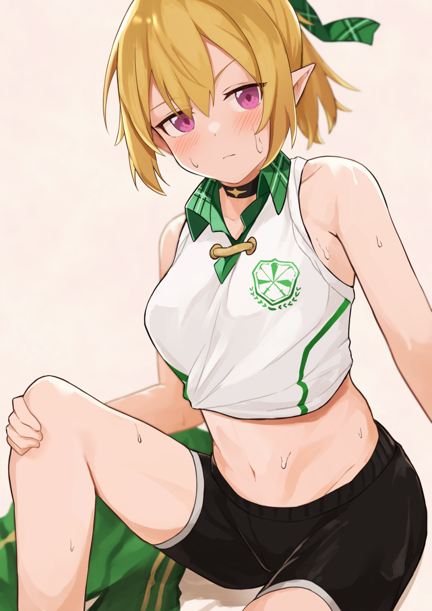1girl bangs bare_shoulders bike_shorts black_choker black_shorts blonde_hair blush breasts chloe_(princess_connect!) choker closed_mouth collarbone collared_shirt commentary_request eyebrows_behind_hair green_jacket green_ribbon hair_between_eyes hair_ribbon highres jacket jacket_removed knee_up long_hair looking_at_viewer medium_breasts midriff navel official_alternate_costume plaid plaid_ribbon pointy_ears ponytail princess_connect! princess_connect!_re:dive ribbon shirt shorts sidelocks simple_background sitting sleeves_rolled_up solo sportswear sweat tied_shirt violet_eyes white_shirt ya.yu.