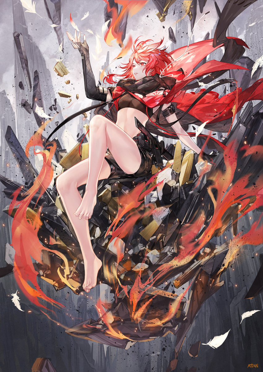 1girl arm_up armband asymmetrical_gloves atdan bare_legs barefoot black_gloves black_shorts breasts cape chiyu_(synthesizer_v) crop_top elbow_gloves feet fingerless_gloves fire gloves highres knee_up legs looking_away midriff parted_lips red_eyes redhead revealing_clothes short_hair short_shorts shorts sleeveless small_breasts solo stomach sword synthesizer_v thighs weapon