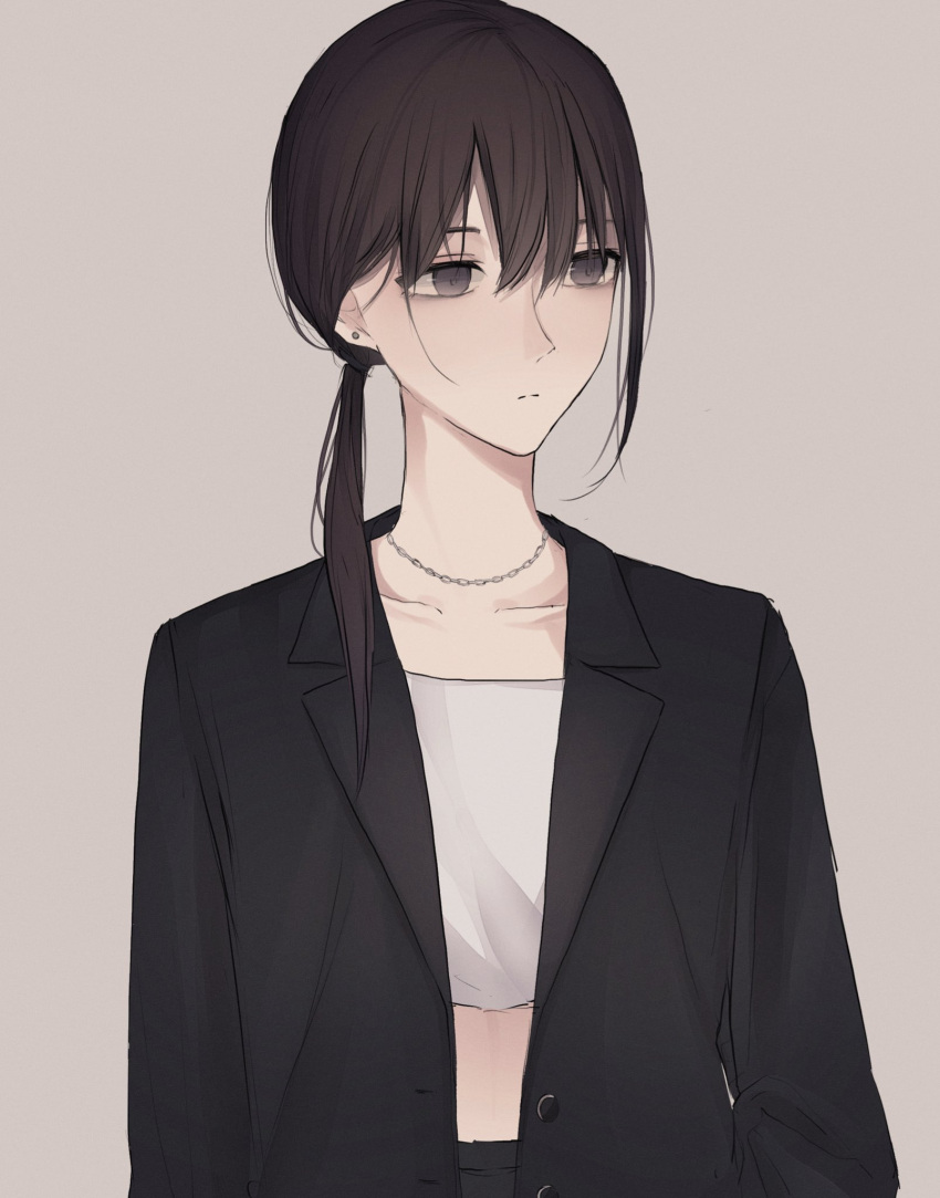 1girl bangs black_hair black_jacket brown_background brown_eyes chain_necklace collarbone commentary_request crop_top eyebrows_behind_hair hair_between_eyes highres jacket long_hair looking_away low_ponytail open_clothes open_jacket original ponytail shirt simple_background solo tsuruse white_shirt