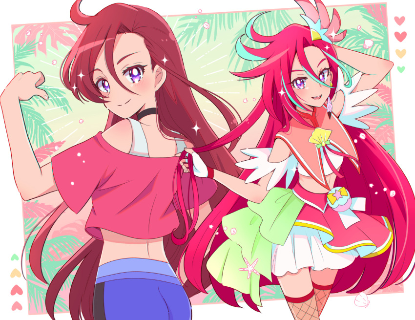 1girl aqua_hair ass black_choker blush choker cowboy_shot crop_top cure_flamingo earrings feather_earrings feathers fingerless_gloves fishnets from_behind gloves hair_between_eyes heart jewelry juugoya_neko long_hair looking_at_viewer magical_girl midriff multicolored_hair multiple_persona multiple_views open_mouth precure red_shirt redhead shirt smile takizawa_asuka thigh-highs tropical-rouge!_precure two-tone_hair very_long_hair violet_eyes white_gloves zettai_ryouiki
