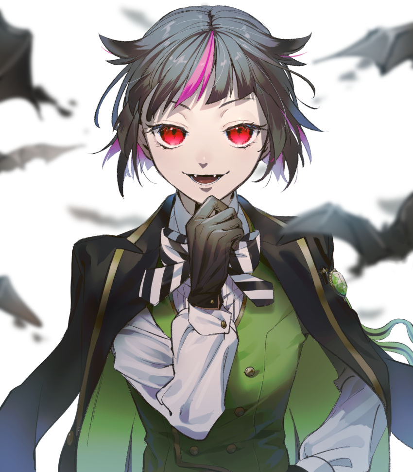 1boy bangs bat black_gloves black_hair blurry collared_shirt depth_of_field eyelashes fangs finger_to_own_chin gloves hat highres jacket jacket_on_shoulders lilia_vanrouge long_sleeves looking_at_viewer male_focus multicolored_hair night_raven_college_uniform open_mouth pink_hair pointy_ears red_eyes shirt short_hair simple_background smile solo streaked_hair toukyuu twisted_wonderland waistcoat