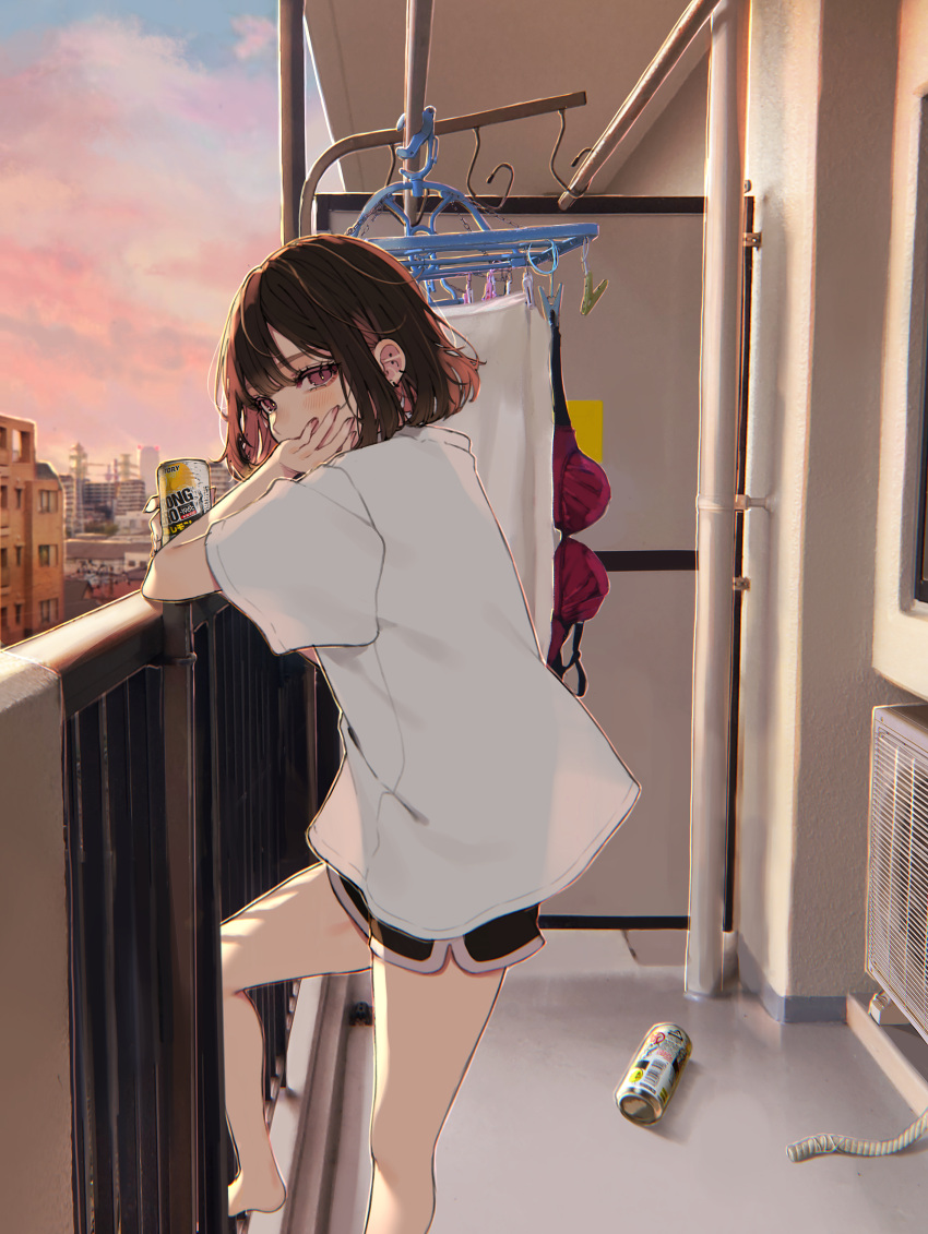 1girl absurdres balcony barefoot bob_cut bra brown_hair can city colored_inner_hair daluto_(hitomi555) drink ear_piercing hand_on_own_face highres laundry laundry_pole multicolored_hair original piercing pink_hair red_eyes shirt short_hair shorts solo sunset t-shirt underwear