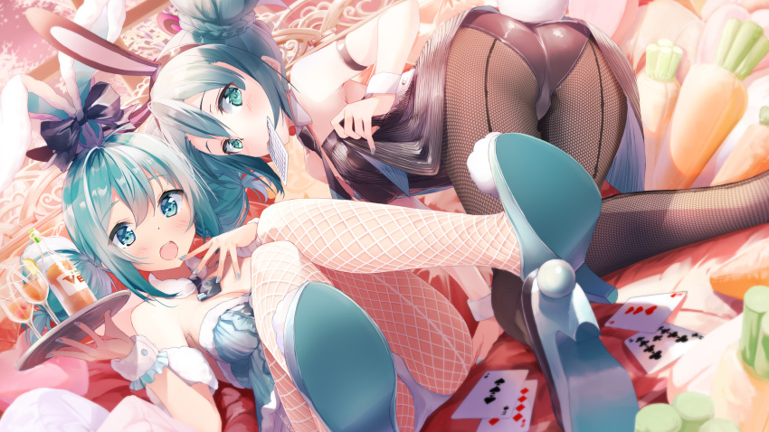 2girls all_fours animal_ears arm_cuffs arm_garter arm_support bicute_bunnies_miku black_leotard black_neckwear blue_eyes blue_footwear blue_hair blue_nails blush bottle braid breasts bunny_tail collar commentary_request cup daidou_(demitasse) double_bun dual_persona eyebrows_visible_through_hair fake_animal_ears fake_tail fingernails fishnet_legwear fishnets fur_collar hairband hatsune_miku high_heels highres holding holding_plate legs_up leotard long_hair looking_at_viewer lying medium_breasts mouth_hold multiple_girls nail_polish necktie on_back plate playboy_bunny playing_games rabbit_ears tail tied_hair vocaloid white_collar white_leotard wrist_cuffs