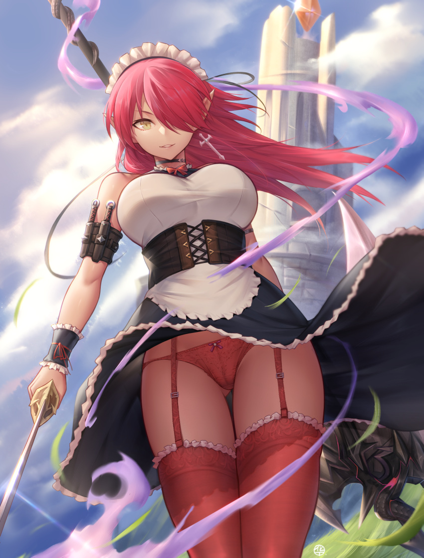 1girl absurdres apron axe bangs bare_shoulders black_choker black_dress breasts chinese_commentary choker clouds commentary_request corset cross cross_earrings dress dual_wielding earrings from_below garter_straps hair_over_one_eye highres holding holding_axe holding_sword holding_weapon hua-j jewelry large_breasts long_hair looking_at_viewer maid maid_apron maid_headdress original panties pointy_ears red_eyes red_legwear red_panties sky sleeveless sleeveless_dress solo standing sword thigh-highs tower underwear weapon white_apron wrist_cuffs yellow_eyes