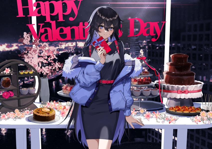 1girl bangs belt black_dress black_hair blue_eyes blue_hair blurry blurry_background bowl brown_coat chocolate_fountain closed_mouth coat colored_inner_hair dress earrings english_text flower fur-trimmed_coat fur_trim gift happy_valentine highres holding holding_gift jewelry kamitsubaki_studio koko_(kamitsubaki_studio) koko_virtual long_hair long_sleeves looking_at_viewer medium_dress multicolored_hair night off_shoulder open_clothes open_coat pencil_dress red_belt smile solo standing tiered_tray very_long_hair