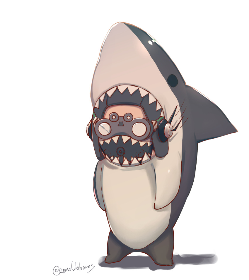 1boy absurdres animal_costume apex_legends artist_name black_headwear chibi goggles highres looking_ahead male_focus mask mouth_mask octane_(apex_legends) orususa shadow shark_costume solo standing white_background