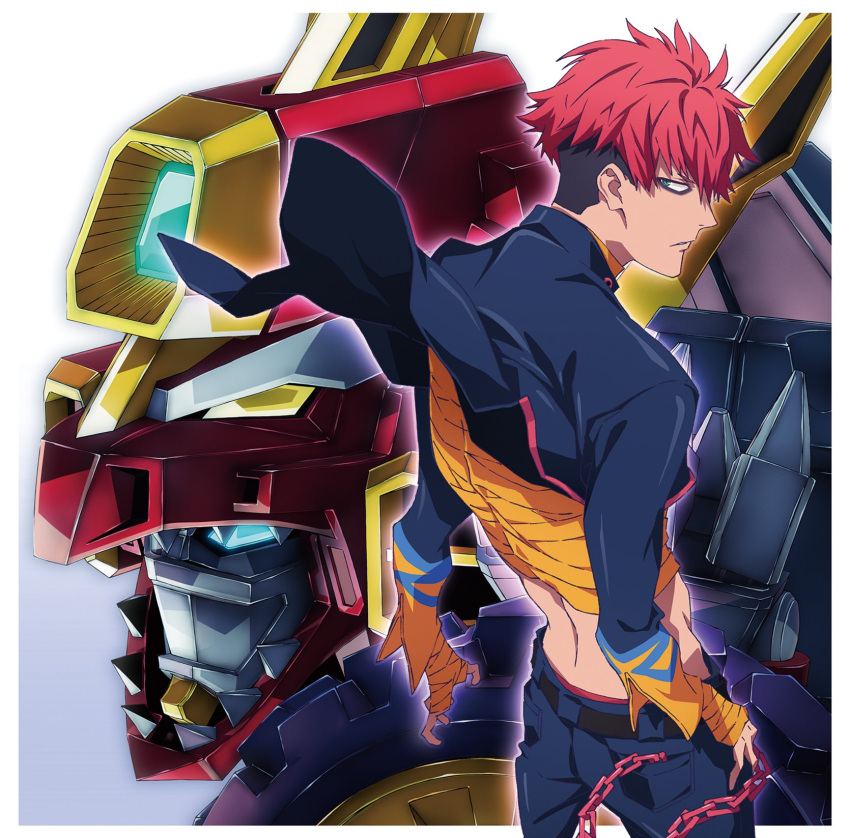 1boy bandages blue_eyes chain commentary_request crop_top dynazenon_(character) gauma green_eyes highres long_sleeves looking_back mecha multicolored_hair official_art redhead short_hair ssss.dynazenon two-tone_hair white_background