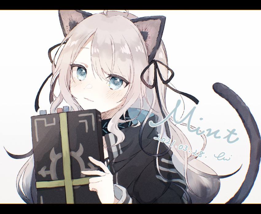 1girl ahoge animal_ears arknights bangs black_jacket black_ribbon blue_eyes cat_ears cat_girl cat_tail character_name dated grey_hair hair_between_eyes high_collar highres holding jacket letterboxed looking_at_viewer mint_(arknights) nstlgie parted_lips ribbon signature solo tail tail_raised upper_body white_background