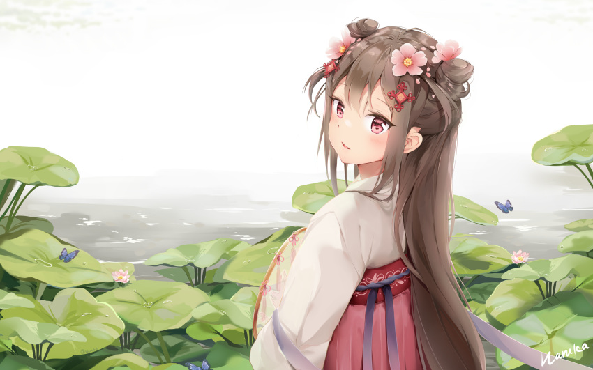 1girl absurdres animal arknights bangs blush brown_hair bug butterfly chinese_clothes commentary_request double_bun eyebrows_visible_through_hair eyjafjalla_(arknights) flower from_behind hair_between_eyes hair_flower hair_ornament hanfu haruka_poi highres insect looking_at_viewer looking_back parted_lips pink_flower red_eyes solo water