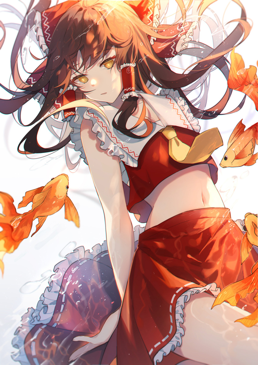 absurdres bangs bare_arms bare_shoulders bow brown_eyes brown_hair cangsi crop_top fish frilled_bow frilled_shirt_collar frills goldfish hair_bow hair_tubes hakurei_reimu highres long_hair midriff navel petticoat red_bow red_shirt red_skirt sarashi shirt skirt skirt_set sleeveless sleeveless_shirt stomach touhou white_background yellow_neckwear