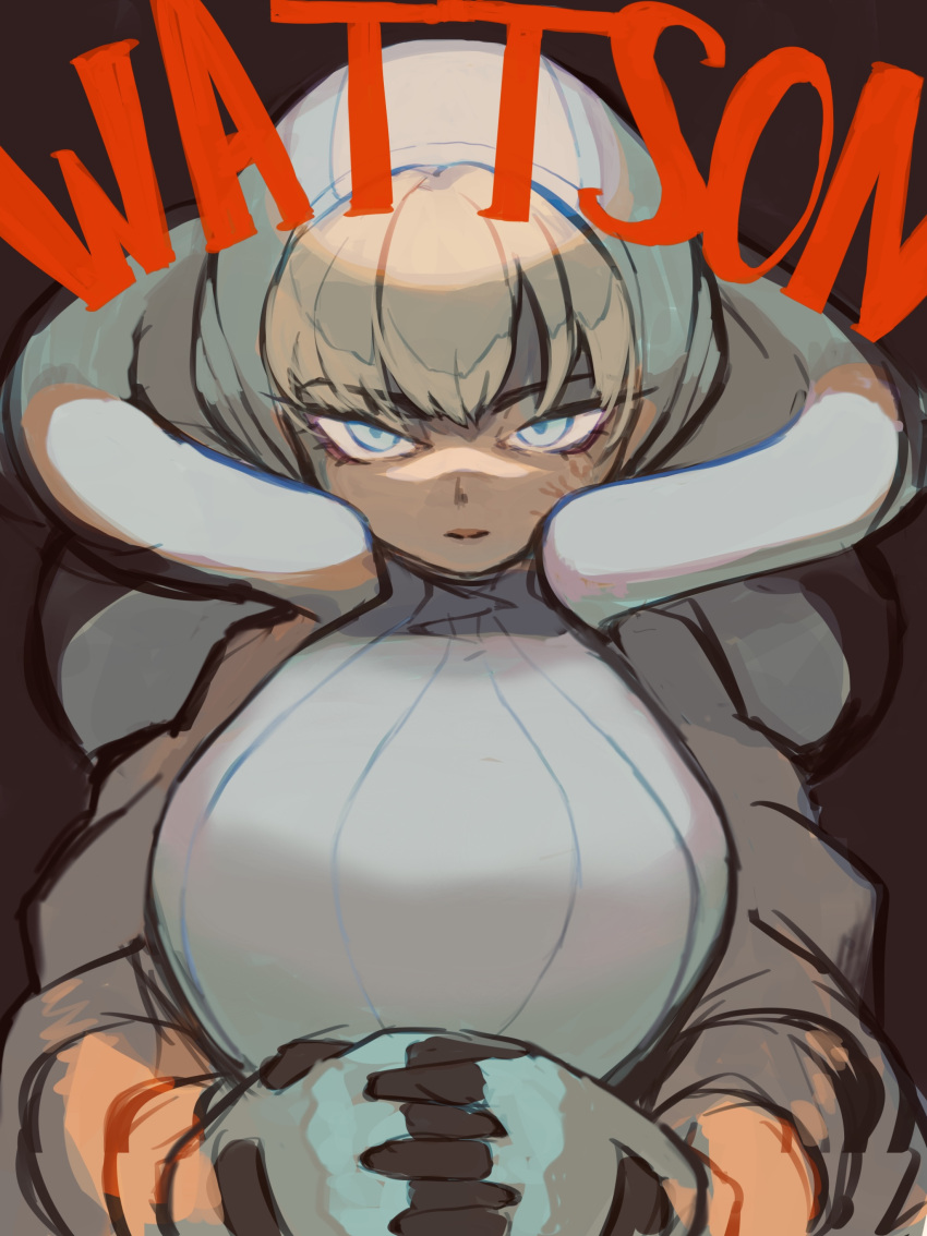 1girl absurdres apex_legends bangs blonde_hair blue_eyes blue_gloves blue_headwear breasts character_name eyebrows_visible_through_hair gloves grey_jacket hands_together head_tilt highres hood hooded_jacket jacket kabiyapyo large_breasts looking_at_viewer scar scar_on_cheek scar_on_face solo wattson_(apex_legends)