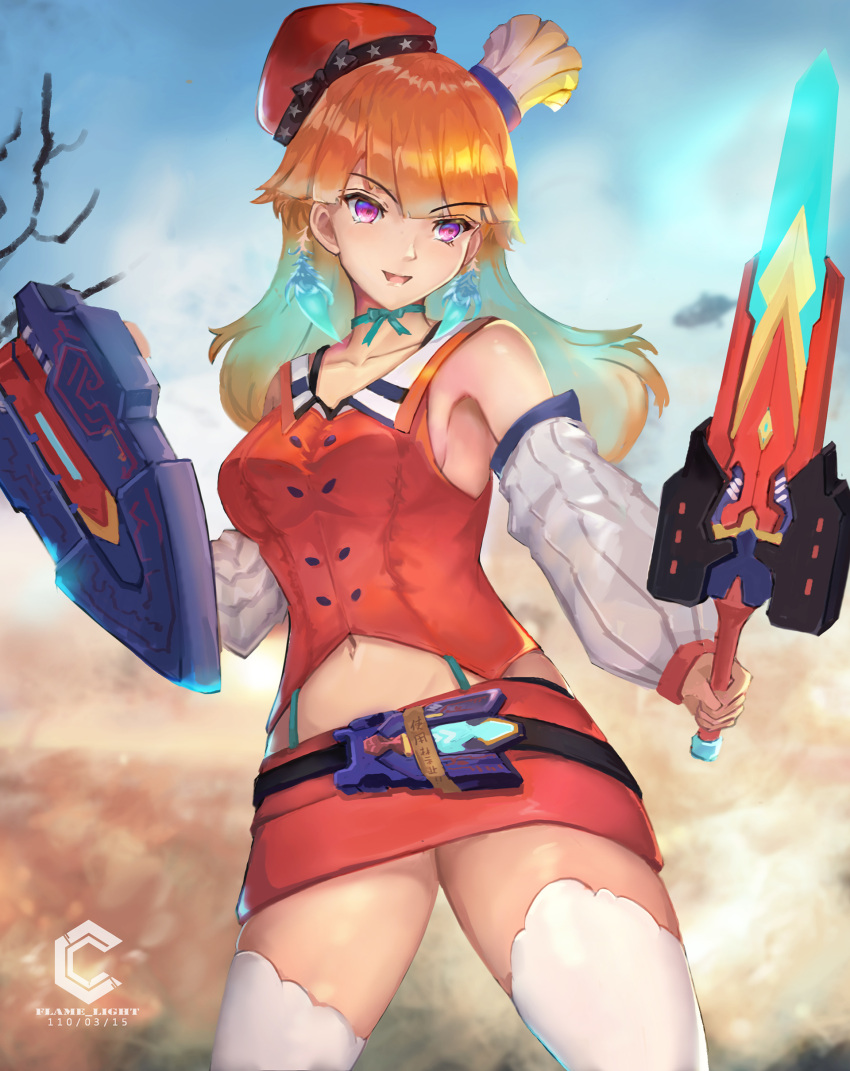 1girl absurdres armpit_peek bangs beret breasts chef_hat collarbone detached_sleeves earrings eyebrows_visible_through_hair feather_earrings feathers green_hair hat highres holding holding_shield holding_sword holding_weapon hololive hololive_english jewelry medium_breasts miniskirt navel orange_hair orange_headwear orange_skirt shield skirt solo sword takanashi_kiara thigh-highs violet_eyes virtual_youtuber weapon white_headwear yan_guang_aoxiang