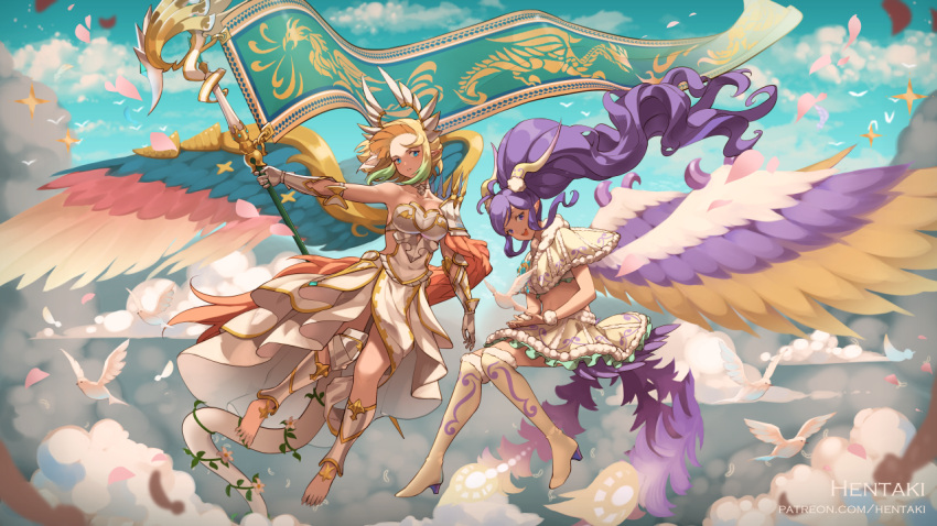 2girls animal armor armored_dress artist_name bare_shoulders bird blonde_hair blue_eyes blue_sky blue_wings breasts brown_wings capelet character_request clouds collarbone commentary day dragalia_lost dress english_commentary feathered_wings fur-trimmed_capelet fur-trimmed_skirt fur_trim gauntlets gradient_hair green_hair hentaki long_hair medium_breasts multicolored multicolored_hair multicolored_wings multiple_girls outdoors parted_lips petals ponytail purple_hair purple_wings red_wings skirt sky strapless strapless_dress very_long_hair violet_eyes watermark web_address white_capelet white_dress white_skirt wings