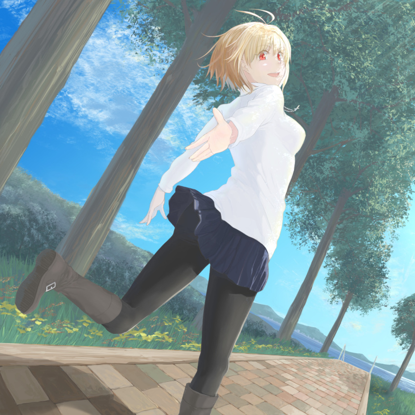 1girl :d antenna_hair arcueid_brunestud ass back bangs black_legwear blonde_hair blue_skirt boots breasts brown_footwear dappled_sunlight day dutch_angle feet_up from_behind highres jewelry knee_boots looking_at_viewer looking_back miniskirt mountainous_horizon necklace open_mouth outdoors outstretched_hand pantyhose path pleated_skirt reaching_out red_eyes running sett short_hair sikiwa skirt skirt_lift smile solo sunlight sweater tree tsukihime tsukihime_(remake) turtleneck turtleneck_sweater white_sweater