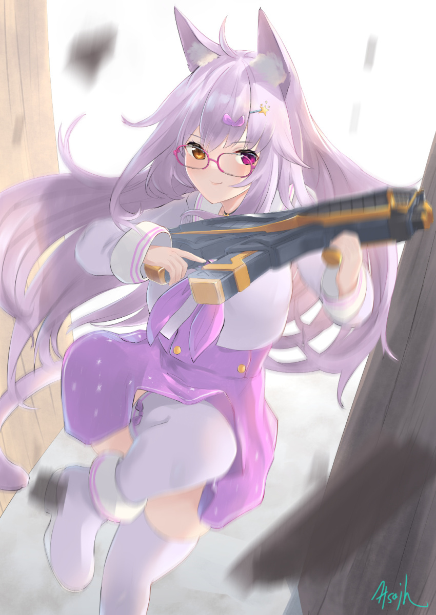 1girl animal_ear_fluff animal_ears apex_legends atsajh bangs breasts brown_eyes cat_ears cat_girl cat_tail commission cowlick gun heterochromia high-waist_skirt highres holding holding_gun holding_weapon long_hair looking_at_viewer medium_breasts motion_blur original purple_footwear purple_skirt r-99_smg running skeb_commission skirt smile solo submachine_gun tail thigh-highs violet_eyes weapon