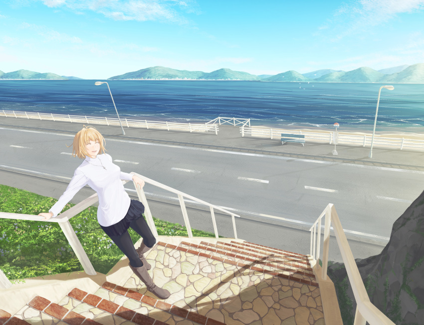 1girl ^_^ against_railing antenna_hair arcueid_brunestud arm_support bangs black_legwear blonde_hair boots breasts brown_footwear bus_stop closed_eyes day eyebrows_visible_through_hair facing_viewer highres jewelry knee_boots lamppost miniskirt mountainous_horizon necklace ocean open_mouth outdoors pantyhose pleated_skirt railing road scenery short_hair sikiwa skirt smile solo stairs standing sweater tsukihime turtleneck turtleneck_sweater white_sweater