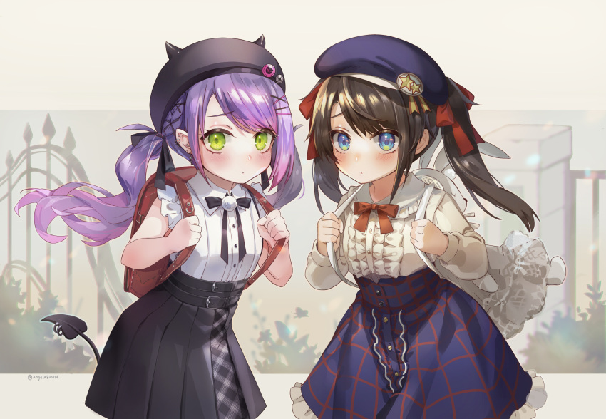 2girls absurdres backpack bag beret black_bow black_bowtie black_headwear black_skirt blue_eyes blue_headwear blue_skirt bow bowtie brown_hair center_frills collared_shirt commentary_request demon_tail dress fake_horns frilled_dress frills green_eyes hair_ornament hat high-waist_skirt highres holding_strap hololive horned_headwear horns long_hair long_sleeves looking_at_viewer multicolored_hair multiple_girls oozora_subaru piercing pink_hair pleated_skirt purple_hair red_bow red_bowtie shirt shuang_xiyu skirt stuffed_animal stuffed_bunny stuffed_toy tail tail_ornament tail_piercing tokoyami_towa twintails twitter_username two-tone_hair virtual_youtuber white_background x_hair_ornament younger
