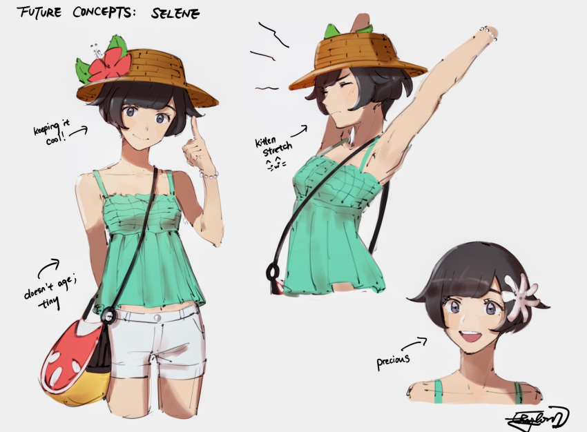 1girl armpits arrow_(symbol) bag bangs black_hair character_name closed_eyes closed_mouth collarbone commentary english_text eyelashes flower grey_eyes hair_flower hair_ornament hat hazel0217 highres looking_at_viewer multiple_views older open_mouth pokemon pokemon_(game) pokemon_sm selene_(pokemon) short_hair shorts shoulder_bag signature sketch smile stretch teeth tongue white_shorts