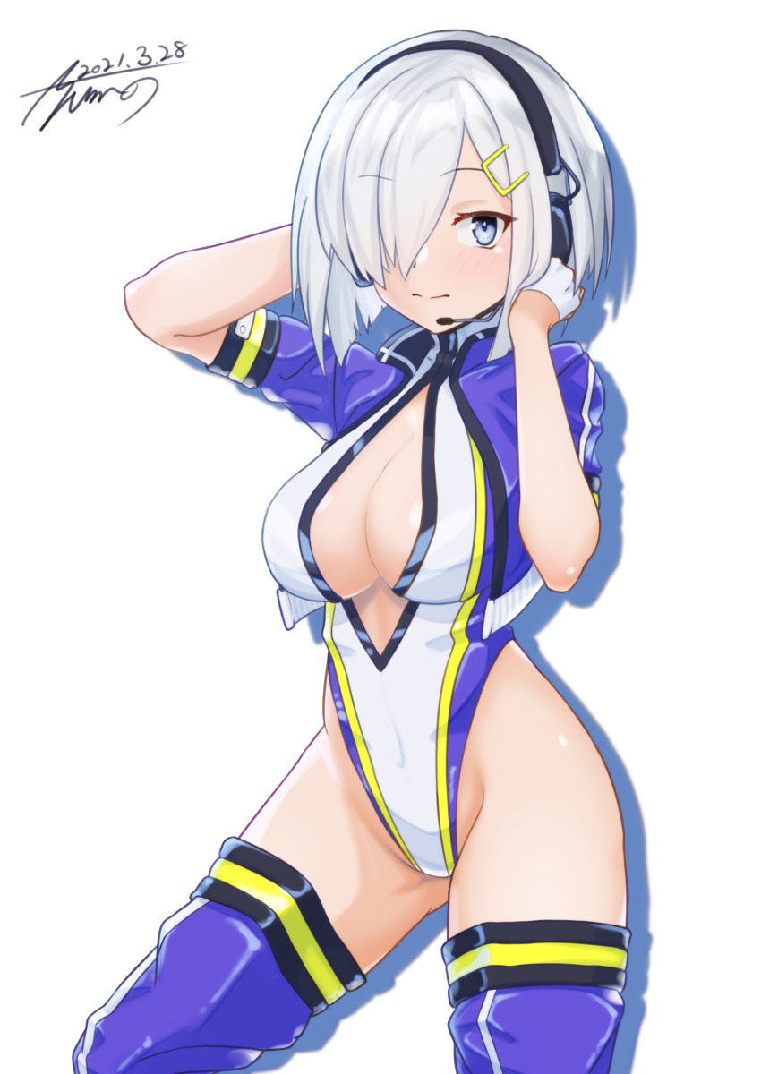 1girl absurdres ayuman blue_eyes blue_jacket breasts cleavage_cutout clothing_cutout commission contrapposto cowboy_shot cropped_jacket dated gloves hair_ornament hair_over_one_eye hairclip half_gloves hamakaze_(kancolle) headphones headset highleg highleg_leotard highres jacket kantai_collection large_breasts leotard looking_at_viewer microphone racequeen short_hair signature silver_hair simple_background solo white_background white_gloves white_leotard