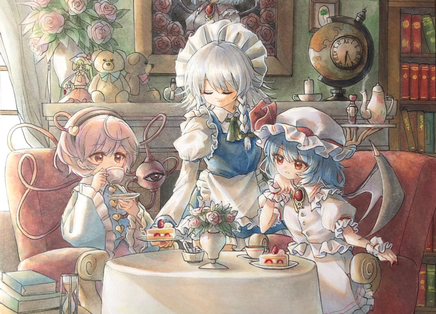 3girls apron armchair bat_wings black_hairband blue_dress blue_hair book bookshelf bouquet braid brooch candle chair clock closed_eyes closed_mouth covered_mouth cup dress drinking eyebrows_visible_through_hair fingernails flandre_scarlet flower food frilled_apron frilled_shirt_collar frilled_sleeves frills globe hairband head_rest heart highres hisako_(6anmbblfnjueeff) hourglass indoors izayoi_sakuya jewelry juliet_sleeves komeiji_koishi long_sleeves maid maid_headdress medium_hair multiple_girls parted_lips picture_frame pink_hair portrait_(object) puffy_short_sleeves puffy_sleeves red_eyes red_nails remilia_scarlet roman_numeral rose sharp_fingernails short_hair short_sleeves silver_hair sipping sitting steam strawberry_shortcake stuffed_animal stuffed_toy table teacup teddy_bear third_eye touhou tray twin_braids vase vial waist_apron white_dress wide_sleeves wings wrist_cuffs