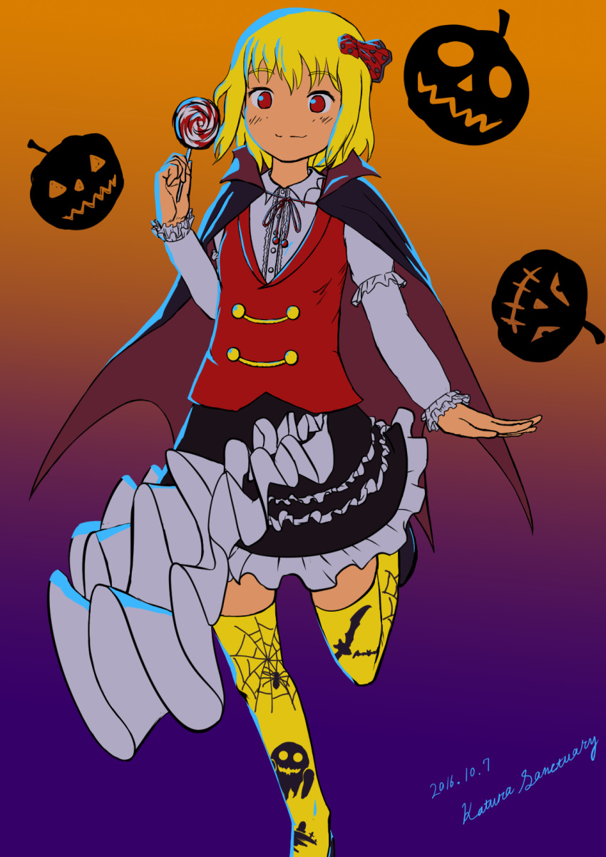 1girl artist_name bangs black_cape black_footwear black_skirt blonde_hair blush buttons candy cape closed_mouth collared_shirt commentary_request dated eyebrows_visible_through_hair flat_color food frilled_skirt frilled_sleeves frills gradient gradient_background hair_ribbon halloween hand_up happy highres holding holding_food jack-o'-lantern juliet_sleeves katsura_dendou leg_up light_blush lollipop long_sleeves miniskirt orange_background puffy_sleeves purple_background red_eyes red_ribbon red_vest ribbon rumia shirt shoes short_hair sidelocks signature skirt smile solo standing standing_on_one_leg thigh-highs touhou two-sided_fabric two-tone_background vest white_shirt yellow_legwear