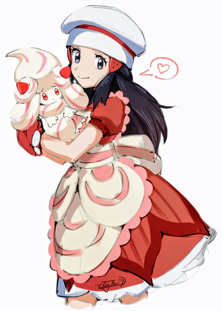 1girl absurdres alcremie alcremie_(strawberry_sweet) apron black_hair chef_hat closed_mouth commentary hikari_(pokemon) dress english_commentary eyelashes frills gen_8_pokemon grey_eyes hair_ornament hairclip hands_up hat hazel0217 heart highres holding holding_pokemon long_hair oven_mitts pokemon pokemon_(creature) pokemon_(game) pokemon_masters_ex red_dress red_mittens signature simple_background sketch smile spoken_heart white_background white_headwear